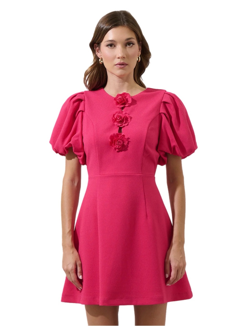 Sugarlips Zemira Rosette Bubble Sleeve Mini Dress Fuchsia Size Medium NWT